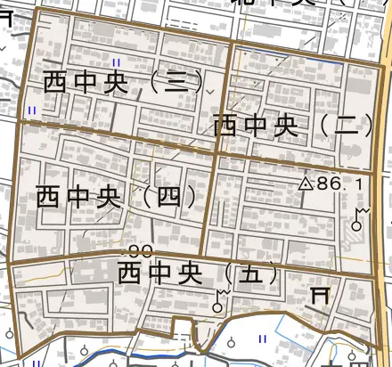 西中央とその周辺の地図。町の範囲を重ねている