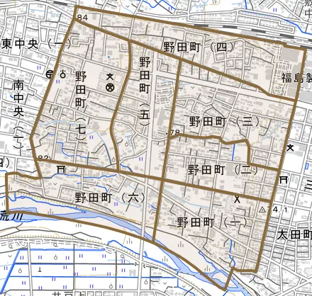 野田町とその周辺の地図。町の範囲を重ねている