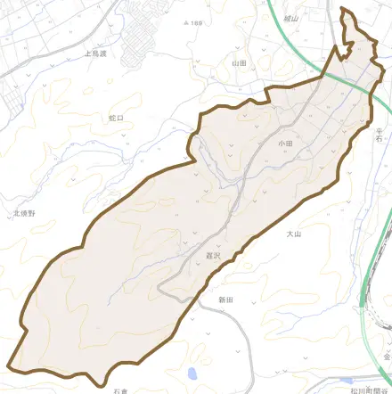 小田とその周辺の地図。町の範囲を重ねている