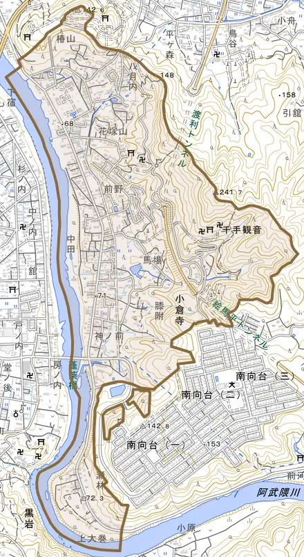 小倉寺とその周辺の地図。町の範囲を重ねている