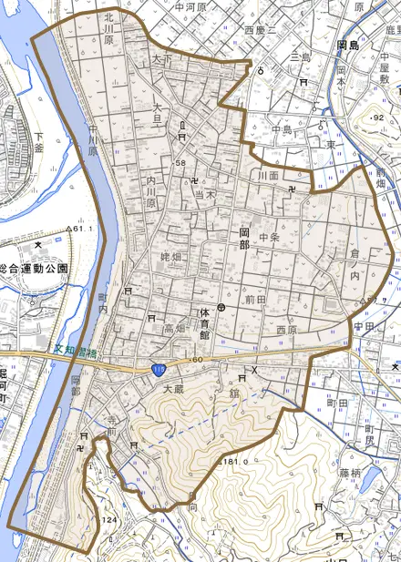 岡部とその周辺の地図。町の範囲を重ねている