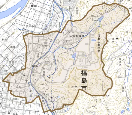 岡島とその周辺の地図。町の範囲を重ねている