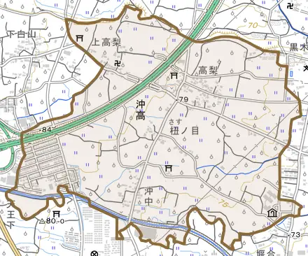 沖高とその周辺の地図。町の範囲を重ねている