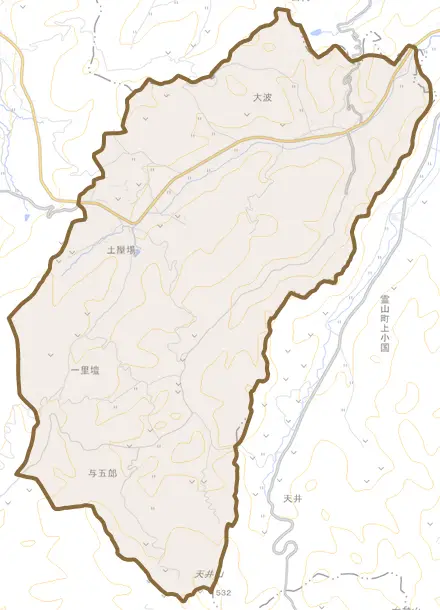 大波とその周辺の地図。町の範囲を重ねている