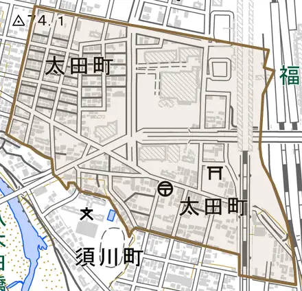 太田町とその周辺の地図。町の範囲を重ねている