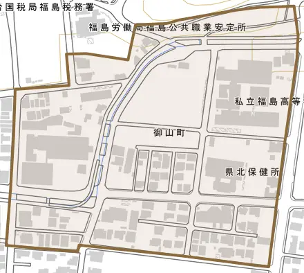 御山町とその周辺の地図。町の範囲を重ねている