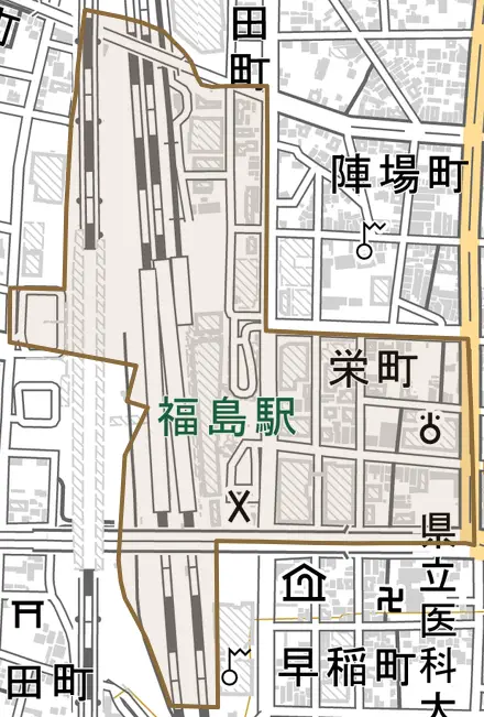 栄町とその周辺の地図。町の範囲を重ねている