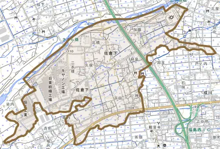 佐倉下とその周辺の地図。町の範囲を重ねている