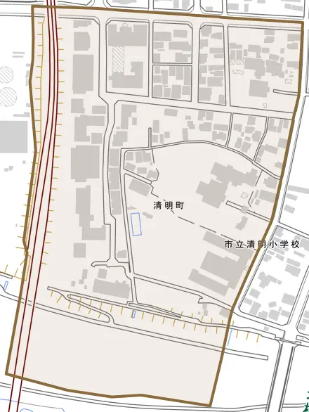 清明町とその周辺の地図。町の範囲を重ねている