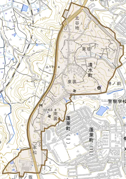 清水町とその周辺の地図。町の範囲を重ねている