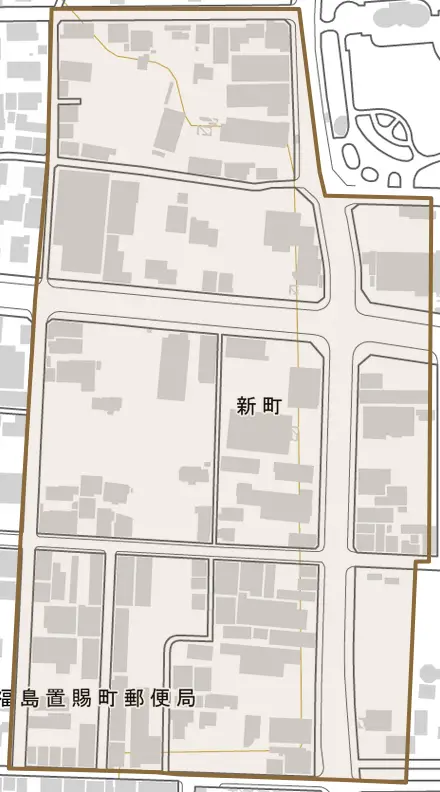 新町とその周辺の地図。町の範囲を重ねている