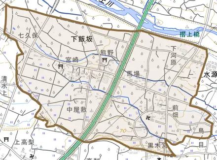 下飯坂とその周辺の地図。町の範囲を重ねている