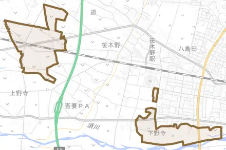 下野寺とその周辺の地図。町の範囲を重ねている