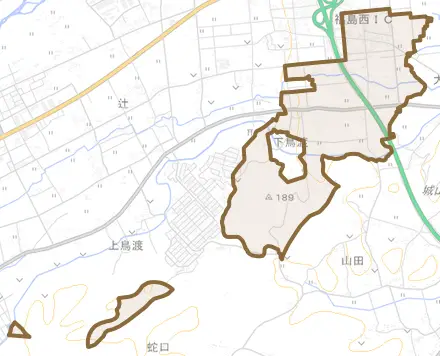 下鳥渡とその周辺の地図。町の範囲を重ねている