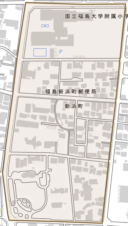 新浜町とその周辺の地図。町の範囲を重ねている