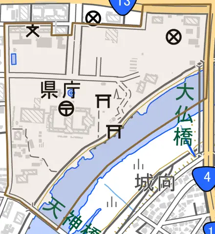 杉妻町とその周辺の地図。町の範囲を重ねている