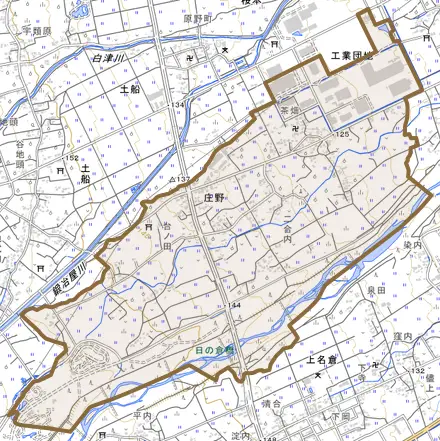 庄野とその周辺の地図。町の範囲を重ねている