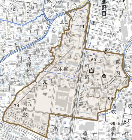 太平寺とその周辺の地図。町の範囲を重ねている