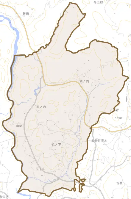立子山とその周辺の地図。町の範囲を重ねている