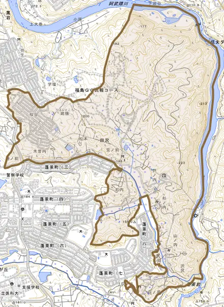 田沢とその周辺の地図。町の範囲を重ねている