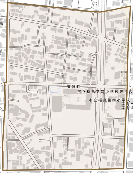 天神町とその周辺の地図。町の範囲を重ねている