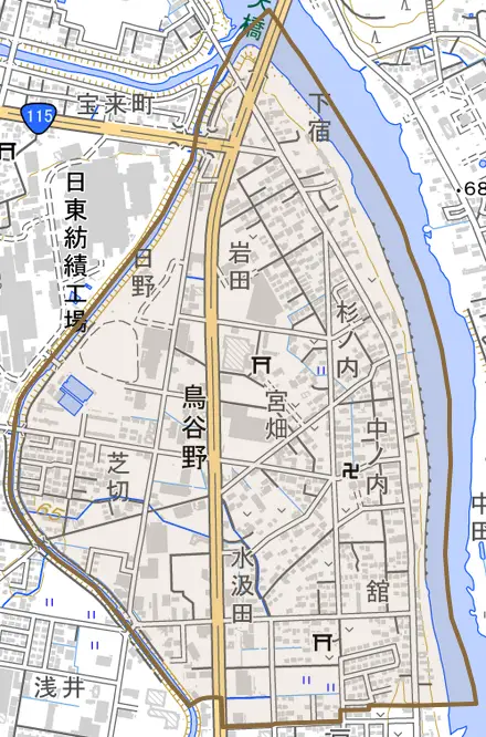 鳥谷野とその周辺の地図。町の範囲を重ねている