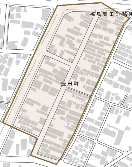 豊田町とその周辺の地図。町の範囲を重ねている