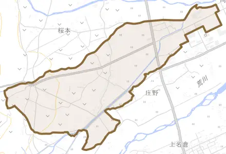 土船とその周辺の地図。町の範囲を重ねている
