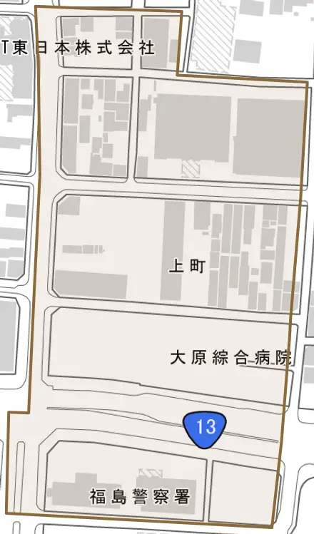 上町とその周辺の地図。町の範囲を重ねている