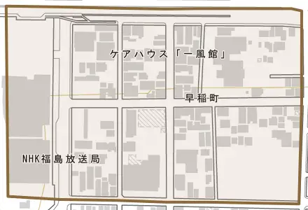 早稲町とその周辺の地図。町の範囲を重ねている