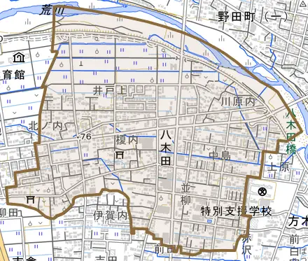 八木田とその周辺の地図。町の範囲を重ねている
