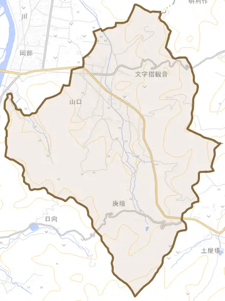 山口とその周辺の地図。町の範囲を重ねている