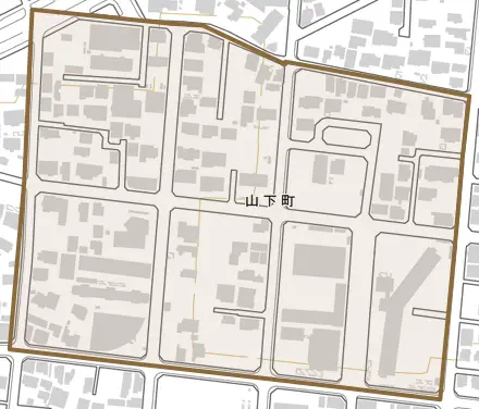 山下町とその周辺の地図。町の範囲を重ねている