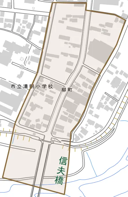 柳町とその周辺の地図。町の範囲を重ねている