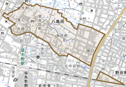 八島田とその周辺の地図。町の範囲を重ねている