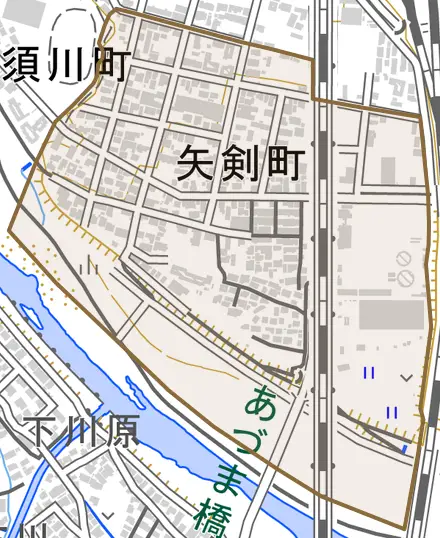 矢剣町とその周辺の地図。町の範囲を重ねている