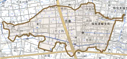 吉倉とその周辺の地図。町の範囲を重ねている