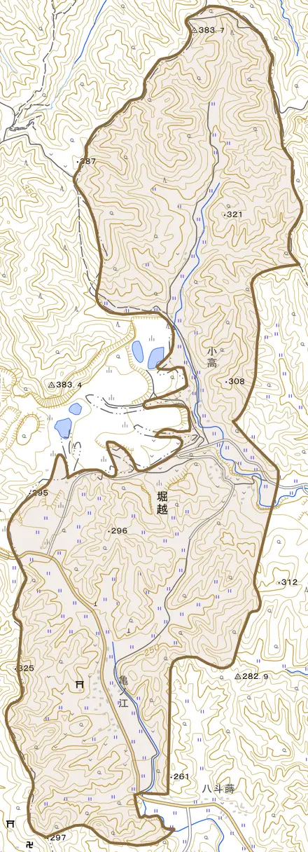 大字堀越とその周辺の地図。町の範囲を重ねている
