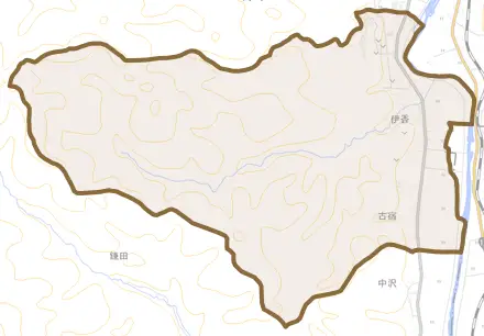 大字伊香とその周辺の地図。町の範囲を重ねている