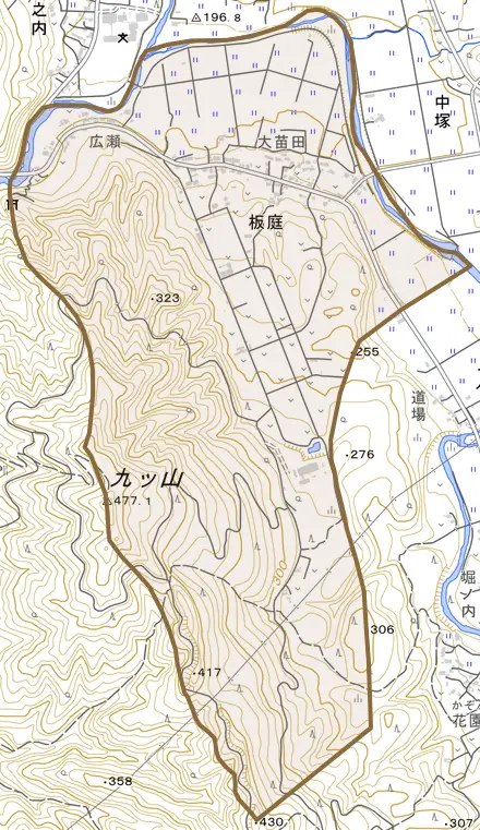 大字板庭とその周辺の地図。町の範囲を重ねている