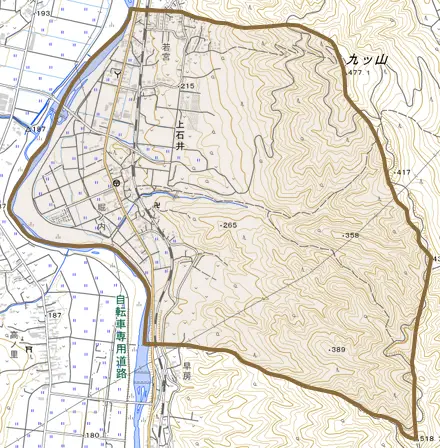 大字上石井とその周辺の地図。町の範囲を重ねている