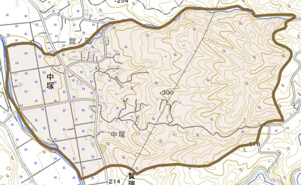 大字中塚とその周辺の地図。町の範囲を重ねている
