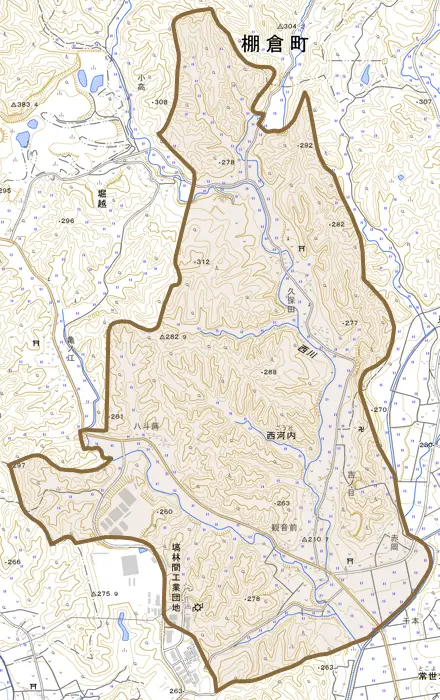 大字西河内とその周辺の地図。町の範囲を重ねている
