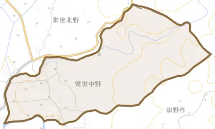大字常世中野とその周辺の地図。町の範囲を重ねている