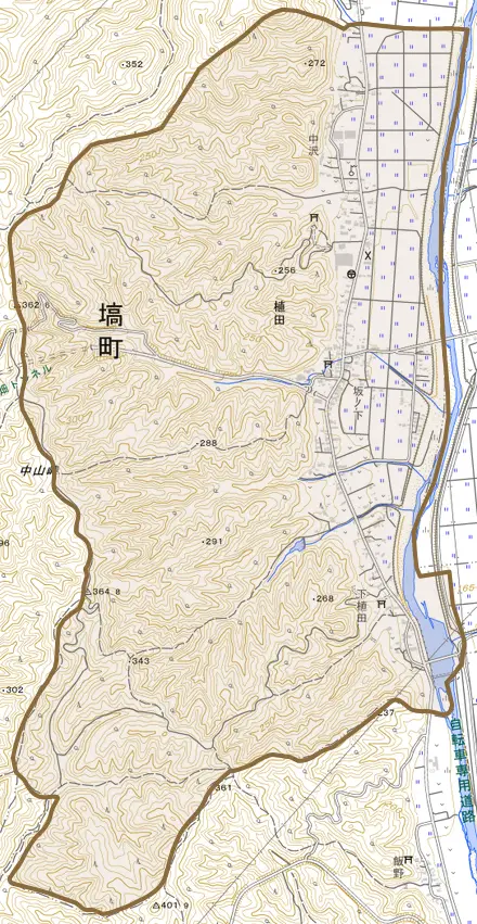 大字植田とその周辺の地図。町の範囲を重ねている