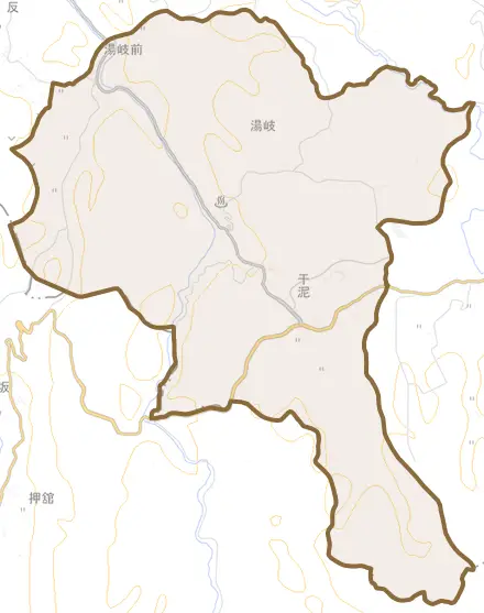 大字湯岐とその周辺の地図。町の範囲を重ねている
