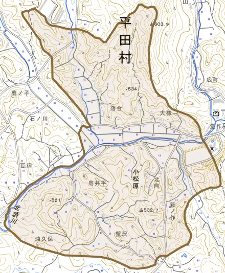 大字小松原とその周辺の地図。町の範囲を重ねている