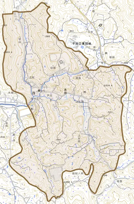 大字永田とその周辺の地図。町の範囲を重ねている