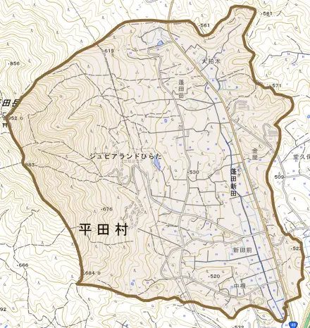 大字蓬田新田とその周辺の地図。町の範囲を重ねている