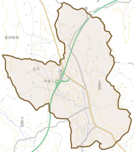 大字上蓬田とその周辺の地図。町の範囲を重ねている